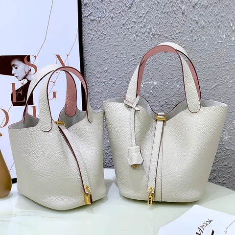 Sac Seau en Cuir de Vachette Première Couche pour Femmes Sac à Main Vintage Coutures Rivets Bloc de Couleur