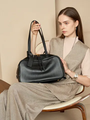 Femme Cuir Véritable Sac Boston Grande Capacité Vintage Sac à Main Porté Main Épaule Décontracté Navette Bowling