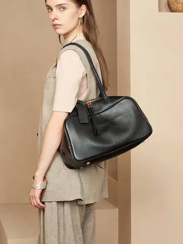 Femme Cuir Véritable Sac Boston Grande Capacité Vintage Sac à Main Porté Main Épaule Décontracté Navette Bowling