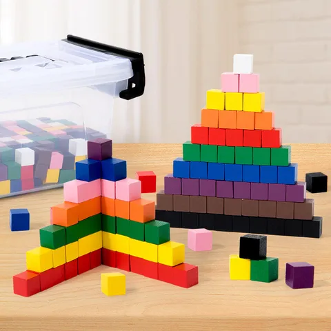 Wooden Square Counting Blocks Math Sense Enlightenment Educational Toy Colorful Cube Set With Storage Box For Kids