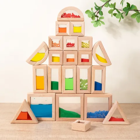 Montessori Educational Translucent Quicksand Building Blocks Rainbow Color Wooden Sensory Toys For Toddlers