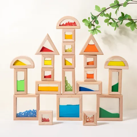 Montessori Educational Translucent Quicksand Building Blocks Rainbow Color Wooden Sensory Toys For Toddlers