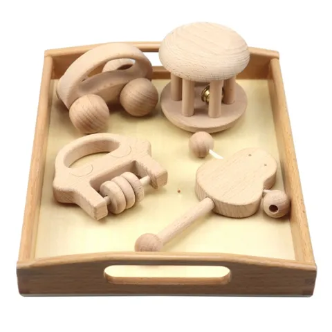 Natural Solid Wood Baby Rattle Early Education Toy Infant Grasping Wood Car Bell Cage Five Piece Set