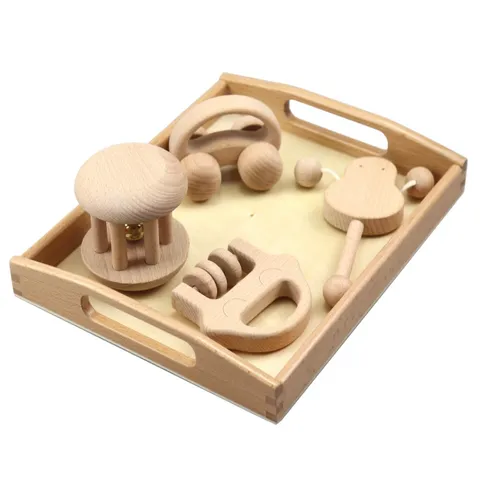 Natural Solid Wood Baby Rattle Early Education Toy Infant Grasping Wood Car Bell Cage Five Piece Set