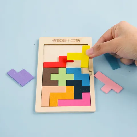 Wooden Tangram Tetris Puzzle Educational Early Learning Brain Teaser Toy Geometric Shape Matching Board For Kids