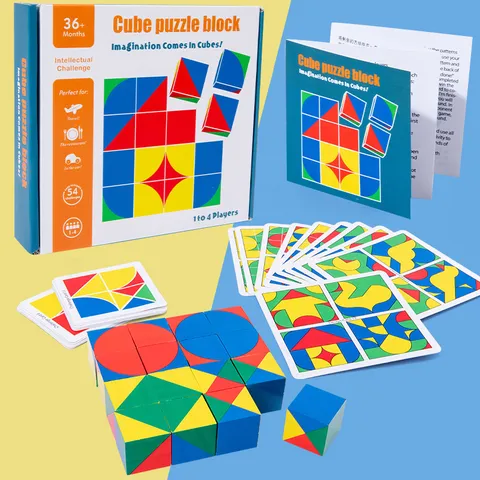 Wooden Cube Puzzle Block Montessori Educational Toy Smart Brain Teaser Spatial Thinking Building Blocks Set Kids Toys