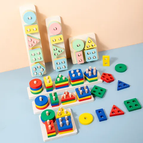 Kids Wooden Educational Shape Sorting Stacker Montessori Toys Colorful Geometric Columns Matching Building Blocks