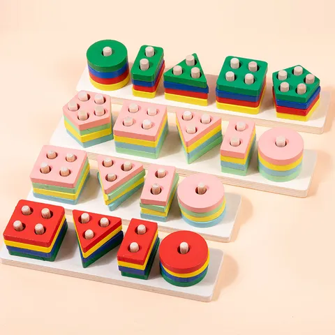 Kids Wooden Educational Shape Sorting Stacker Montessori Toys Colorful Geometric Columns Matching Building Blocks