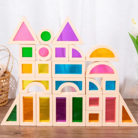 Wooden Acrylic Rainbow Building Blocks Translucent Sensory Montessori Educational Learning Toys For Kids