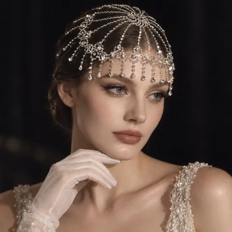 Luxueuse Chaîne de Cheveux à Gland en Strass Coiffe Style Royal Vintage Voile de Tête pour Mariage Fête Défilé de Mode Accessoires