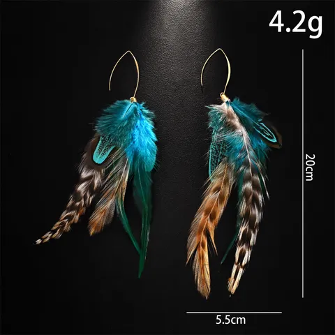 Bohemian Feather Earrings For Women Vintage Ethnic Color Block Long Fringe Dangle Earrings Stainless Steel Post Rhinestone Ear Hook Music Festival Party Costume Jewelry