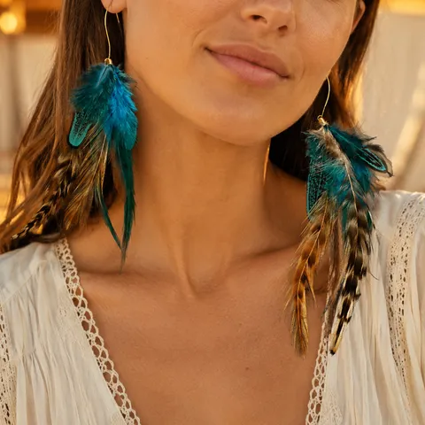 Bohemian Feather Earrings For Women Vintage Ethnic Color Block Long Fringe Dangle Earrings Stainless Steel Post Rhinestone Ear Hook Music Festival Party Costume Jewelry