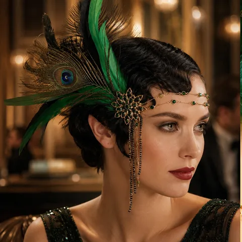 Accessoire Cheveux Vintage Gatsby 1920s Plume Alliage Strass Gland Chaîne de Tête pour Femmes Halloween Noël Bal Fête