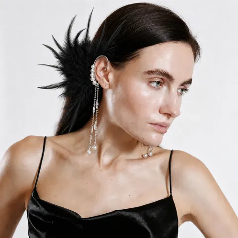 Eleganter Feenfeder Quasten Künstliche Perle Ohrklemme Edelstahl Legierung Kette Statement Ohrring Für Damen Bankett Hochzeit Party Schmuck