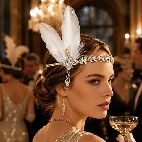 Vintage Great Gatsby Feather Headpiece Luxurious Rhinestone Tassel Forehead Chain Party Prom Flapper Hair Accessories For Women