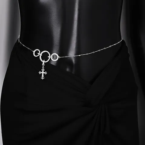 Sexy Catena da Vita Gotica in Lega con Croce per Donna Triplo Anello Body Chain Oro Argento Strass Bikini Accessori per Feste in Spiaggia