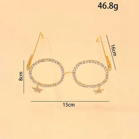 Fashion Rhinestone Glasses Frame Women No Lens Round Frame With Star Pendant Personality Party Street Decorative Glasses