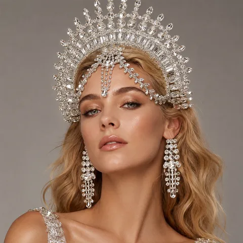 Corona De Novia De Lujo De Aleación Con Strass Tiara Accesorios Para El Cabello Con Cadena De Oreja De Borla Larga Conjunto Para Boda Banquete Reina Accesorios Para Mujeres