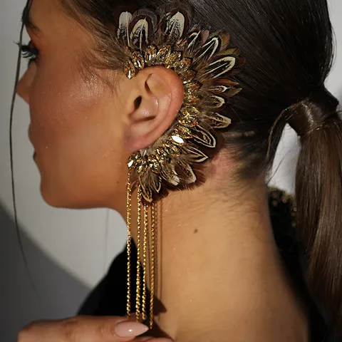 Boho Exotische Feder Quasten Ohrklemmen Für Damen Gold Silber Strass Kette Hänger Ohrringe Lange Fransen Bühne Schmuck