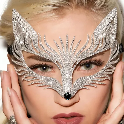 Máscara de Mitad de Cara de Zorro de Strass para Mujeres Lujo Aleación Baile de Máscaras Misteriosa Fiesta Disfraz Accesorio Ojos Diseño Calado Tocado