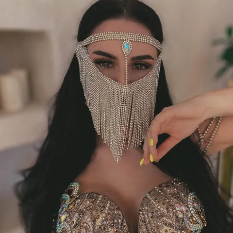 Luxury Rhinestone Tassel Mask For Women Masquerade Party Costume Performance Copper Chain Face Jewelry Mask Accessories