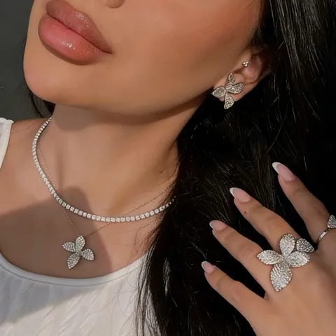 Luxus Kupfer Strass Blume Anhänger Halskette Und Tennis-Kette Mehrlagige Halsketten Set Für Damen Mode Schmuck Geschenk Choker