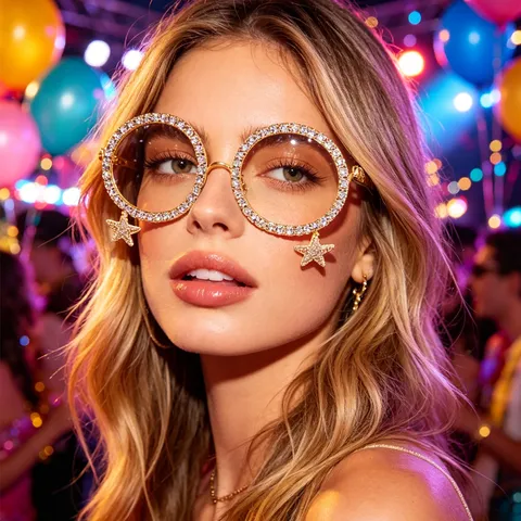 Fashion Rhinestone Glasses Frame Women No Lens Round Frame With Star Pendant Personality Party Street Decorative Glasses