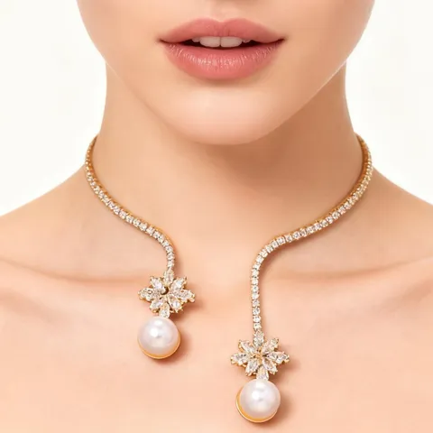 Elegante Collana Girocollo in Lega con Strass Lussuoso Collarino Aperto con Fiori e Perle Artificiali per Matrimonio Sposa Festa Gioielli Donna