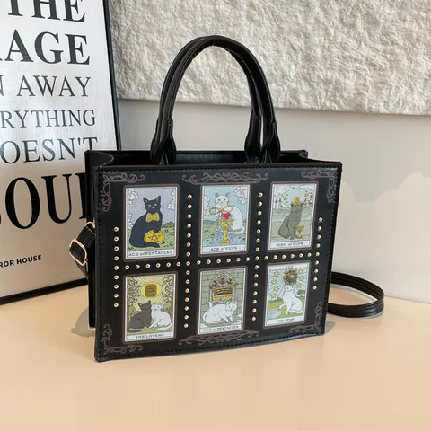 Bolso Tote Retro de Cuero PU con Estampado de Tarot Gato para Mujer Bolso de Mano con Remaches de Gran Capacidad Bolso de Hombro Color Block Estilo Europeo