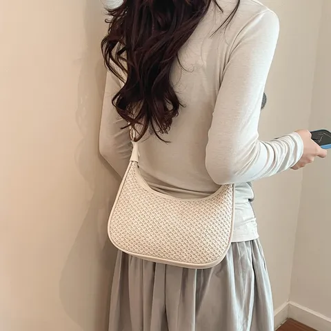 Bolso de Hombro de Paja Tejida Media Luna para Mujer Empalme de PU Viaje Casual Hobo Bolso Bandolera Verano Playa Vacaciones Bolso de Mano Bajo el Brazo