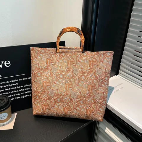 Nuevo Estilo Chino Bolso Tote Paisley Vintage Asa de Bambú Gran Capacidad Bolso de Hombro Commuter Tela PU Moda Bolso de Mano