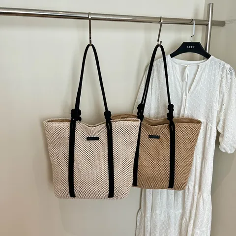 Large Capacity Straw Woven Tote Bag Women Casual Beach Shoulder Bag Hollow Paper Rope Commuter Handbag