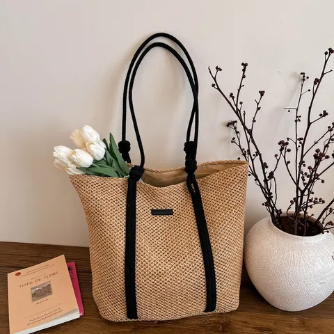 Large Capacity Straw Woven Tote Bag Women Casual Beach Shoulder Bag Hollow Paper Rope Commuter Handbag