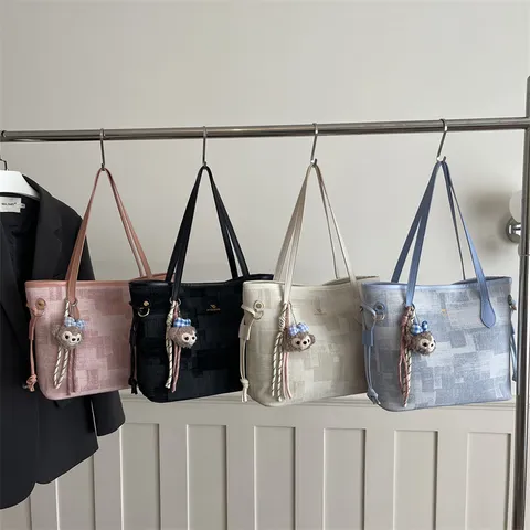 Women Casual Canvas Leather Tote Bag Plaid Color Block Large Capacity Shoulder Bucket Bag Fashion Commuter Handbag