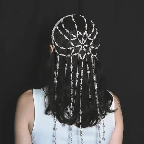 Baroque Artificial Pearl Tassel Headband Mesh Drop Chain Rhinestone Wedding Hair Accessories Bridal Banquet Headwear For Women Jewelry