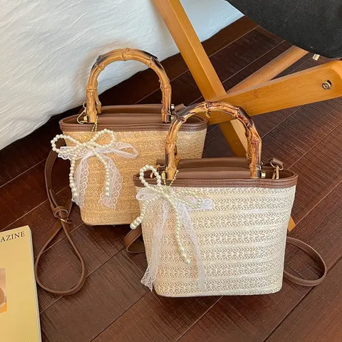 Bolso Saco de Paja para Mujer Asa de Bambú Tejido Bolso de Mano Lazo de Encaje Perla Artificial Verano Playa Bolso Bandolera Casual Vacaciones Tote