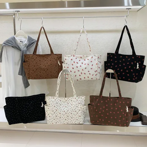 Mode Cordsamt Tote Bag Für Damen Große Kapazität Erdbeer Druck Schultertasche Handtasche Mit Seitentaschen