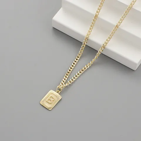 Collana Iniziale in Rame Placcato Oro per Donna Catena Spessa Ciondolo Rettangolare Lettera A-Z Zirconia Gioielli