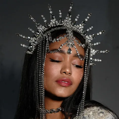 Exaggerated Goddess Halo Sunflower Crown Tassel Rhinestone Headpiece For Women Festival Party Costume Hair Accessories