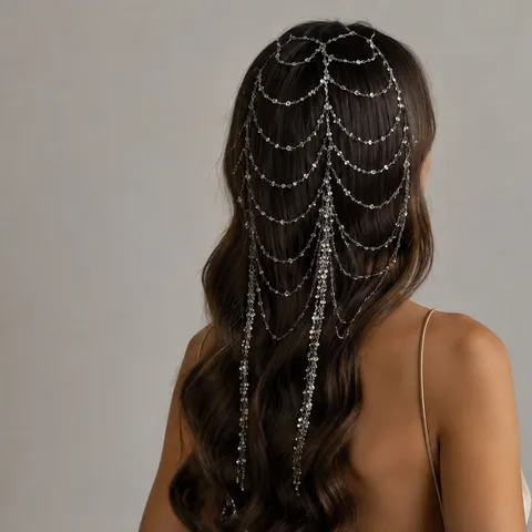 Elegant Copper Alloy Rhinestone Tassel Headband Layered Sparkly Crystal Chain Hair Band For Bridal Wedding Party Women Luxury Headwear