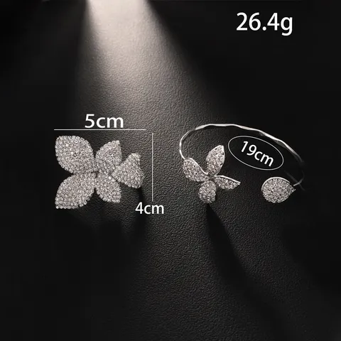 Ensemble Bague et Bracelet Fleur en Cuivre Strass de Luxe Pour Femmes Bracelet Ouvert Floral Bague Assortie Bijoux de Mode