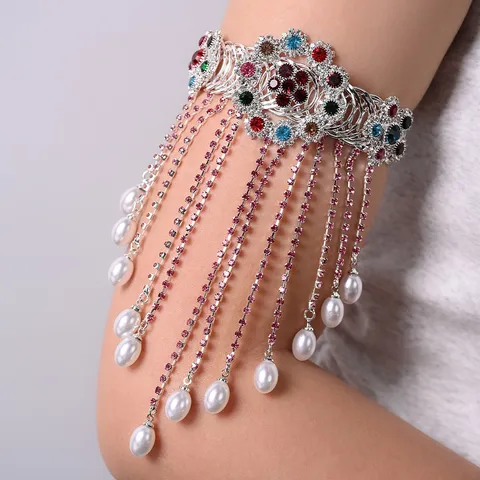 Bracciale da Braccio con Nappe Lusso Design di Nicchia Lega con Strass Catena da Braccio con Perle Artificiali per Donna