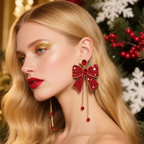 Boucles d'Oreilles Pendantes en Alliage Strass Nœud Frange pour Femmes Fête de Noël Cadeau Brillante Cristal Bijoux Boucles d'Oreilles