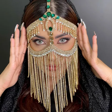 Exaggerated Western Style Rhinestone Tassel Mask For Women Masquerade Party Halloween Face Mask Jewelry Gold Silver Rhinestone Mask
