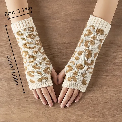 Damen Winter Warm Leopardenmuster Gestrickt Acryl Fingerlose Handschuhe Mode Armstauchen Outdoor Fäustlinge Kleidung Zubehör