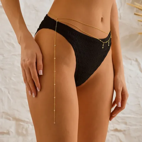 Sexy Cadena de Cintura de Metal con Borlas para Mujer Fiesta de Playa y Piscina Cadena de Cuerpo de Múltiples Capas con Strass