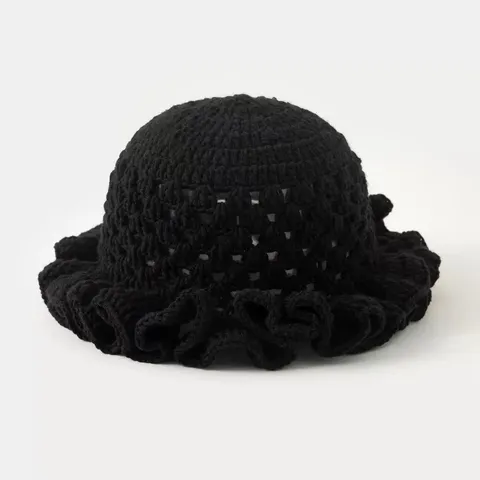 Handmade Hollow Knitted Bucket Hat Ruffle Edge Dome Acrylic Crochet Hat For Women Summer Travel Casual Sun Hat