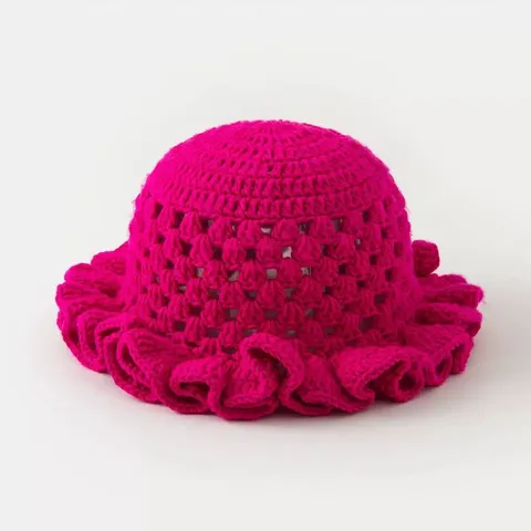 Handmade Hollow Knitted Bucket Hat Ruffle Edge Dome Acrylic Crochet Hat For Women Summer Travel Casual Sun Hat