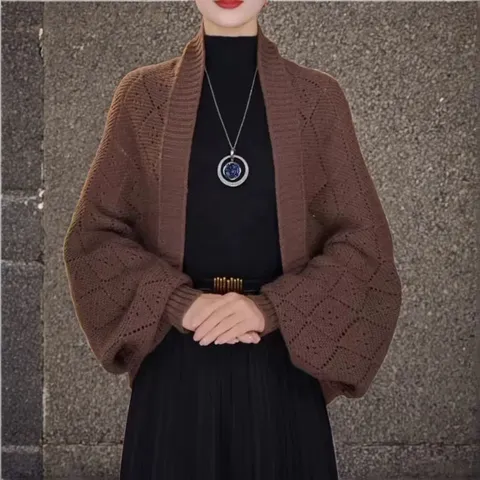 Women Autumn Winter Knitted Plaid Shawl Scarf Cardigan Batwing Sleeve Open Front Warm Casual Outerwear Poncho