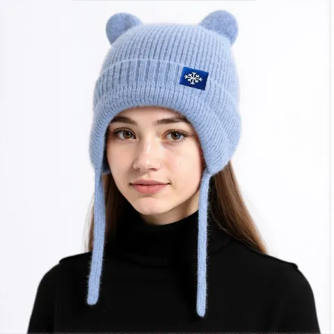Damen Winter Warme Gestrickte Mütze Süße Bärenohr Ohrenschützer Verdickte Winddichte Wollmütze Lässige Outdoor Skimütze